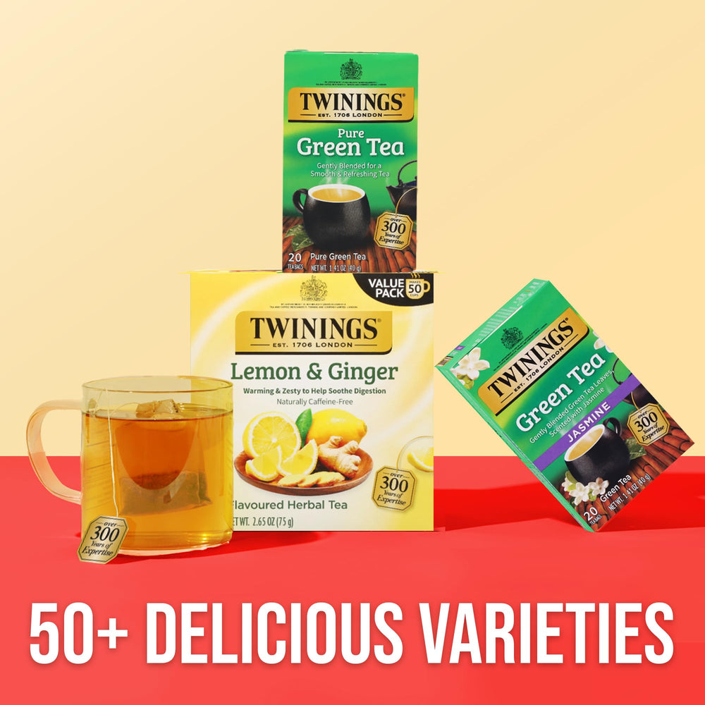 Twinings six-pack boxes stacked to show quantity and pantry-ready convenience