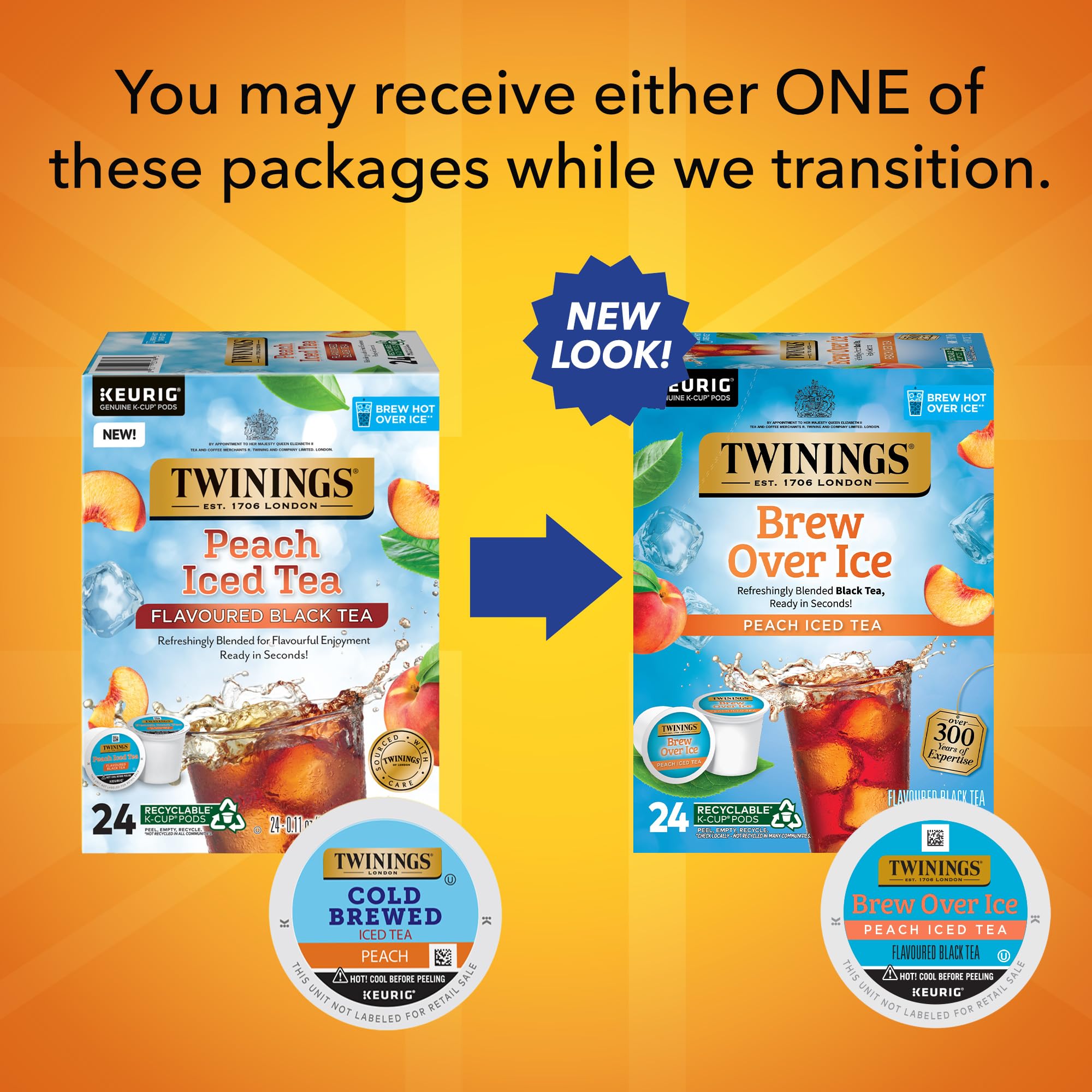 Twinings K-Cup pod close-up with peach label highlighting single-serve ease