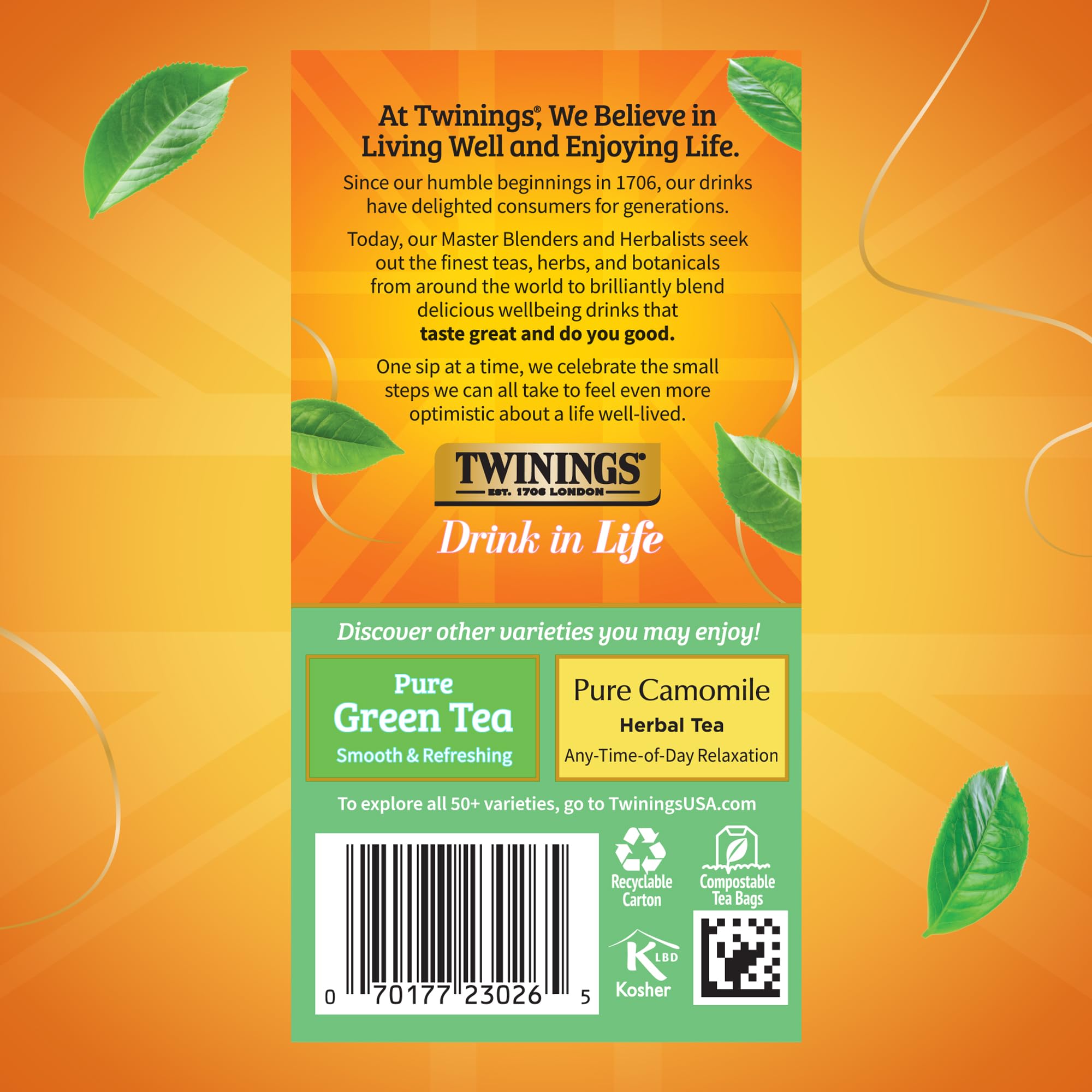 Twinings product label and ingredients panel showing sourcing information and transparency benefit