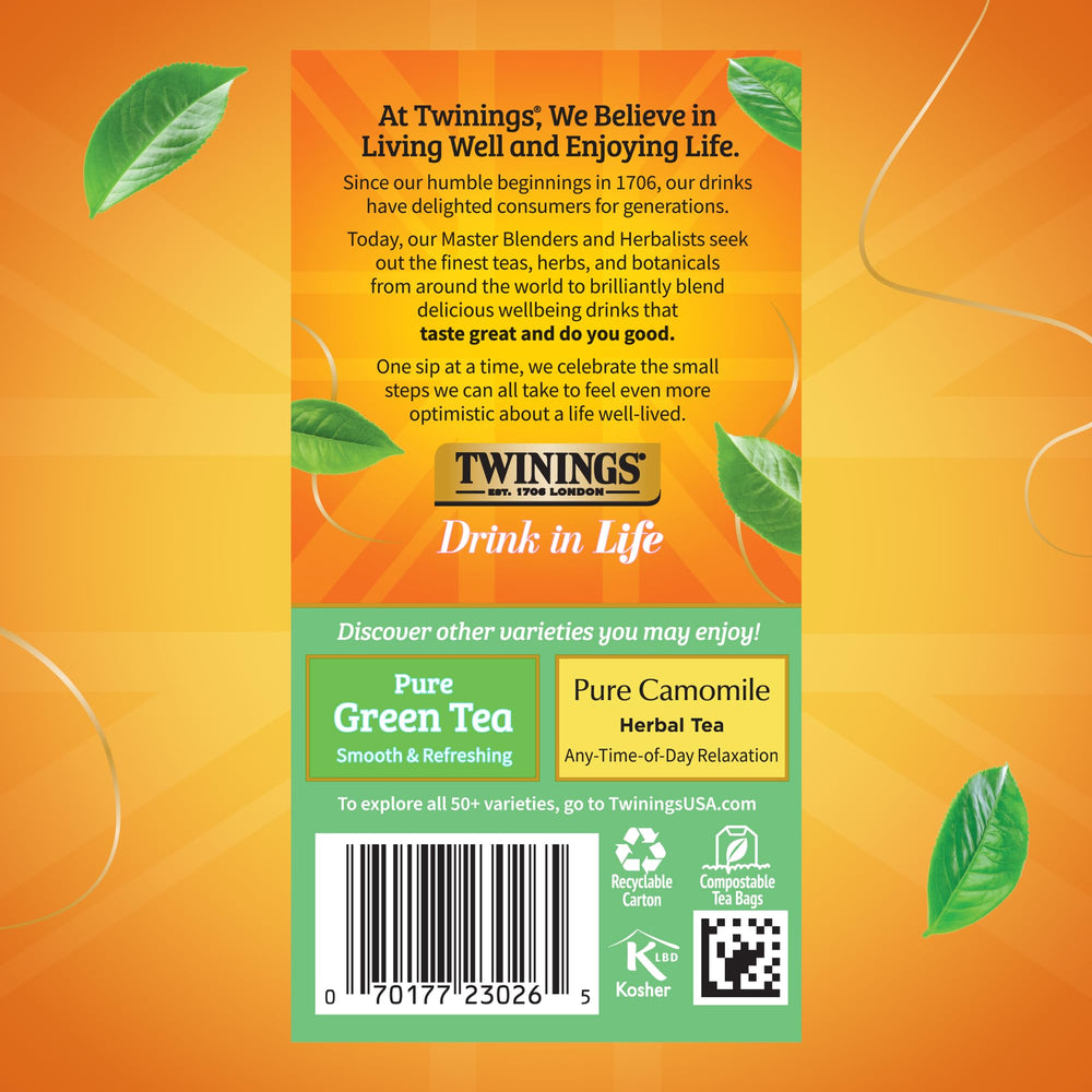 Twinings product label and ingredients panel showing sourcing information and transparency benefit