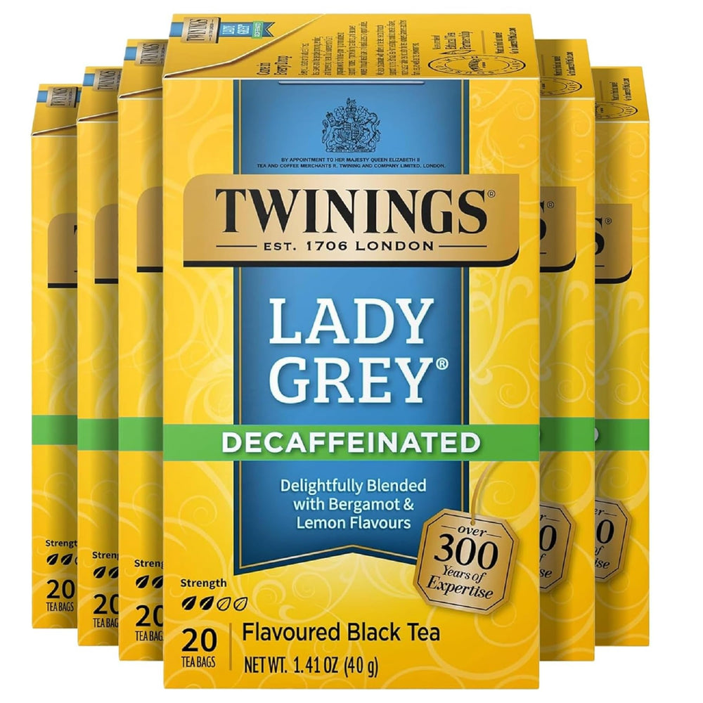 Twinings front box of Lady Grey decaffeinated tea showing pack design and freshness benefit