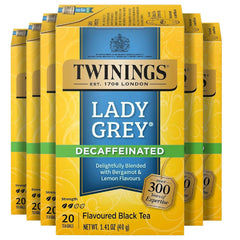 Twinings front box of Lady Grey decaffeinated tea showing pack design and freshness benefit