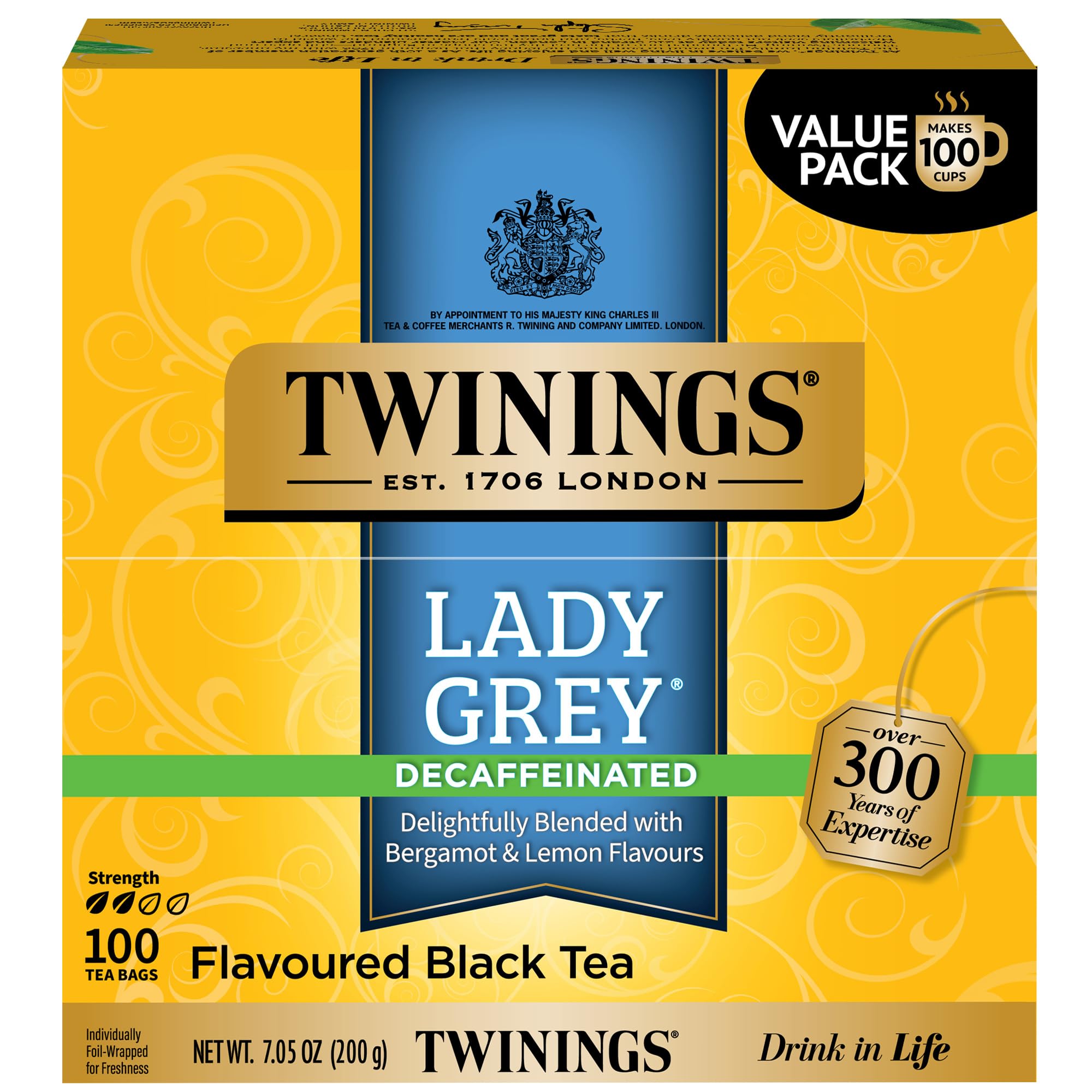 Twinings front packaging showing 100-count box and citrus artwork for fresh storage
