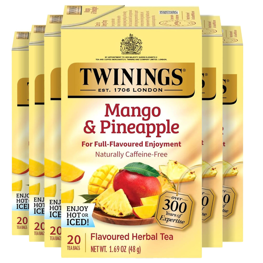 Twinings front box showing mango and pineapple imagery and benefits