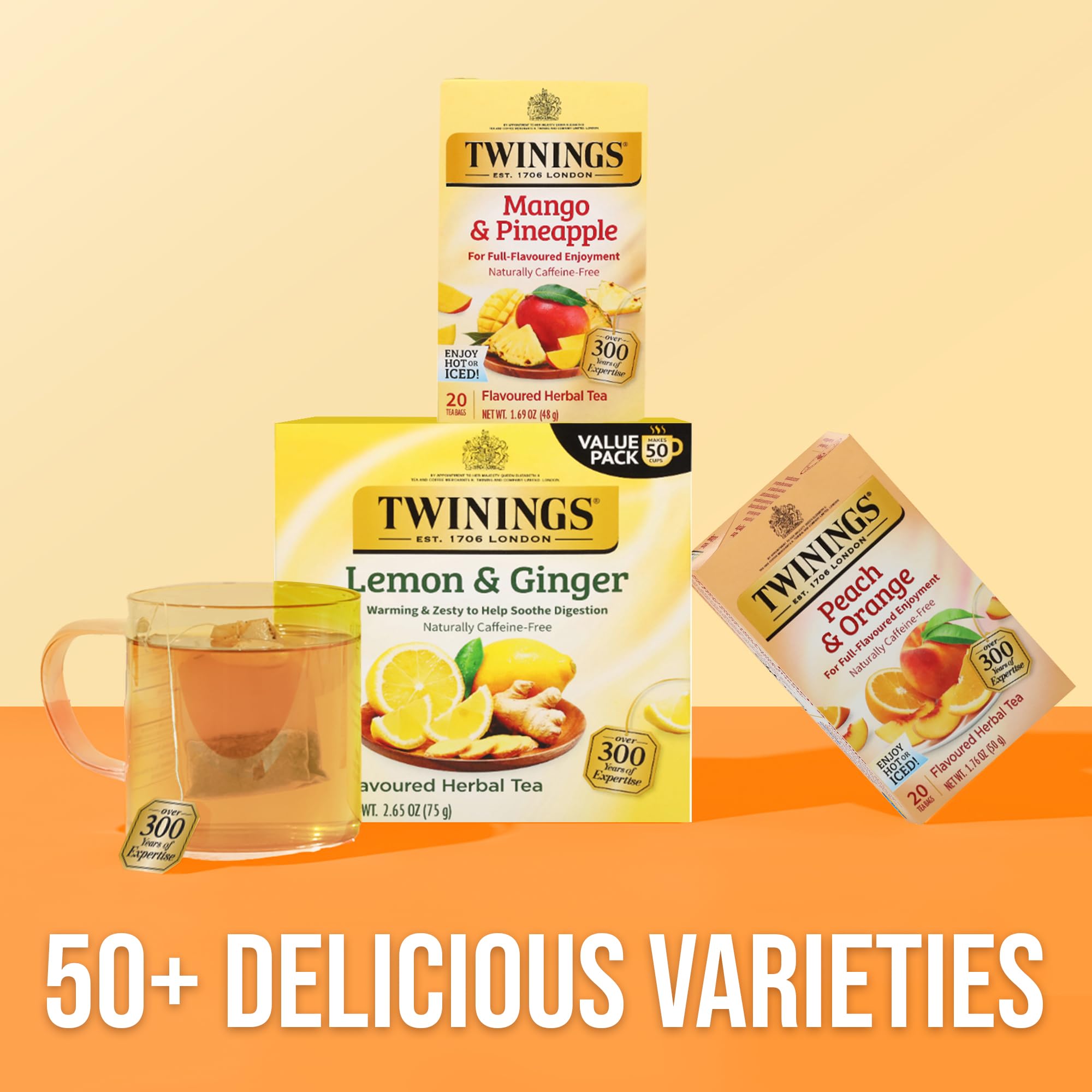 Twinings six-box pack beside a ruler indicating quantity and scale