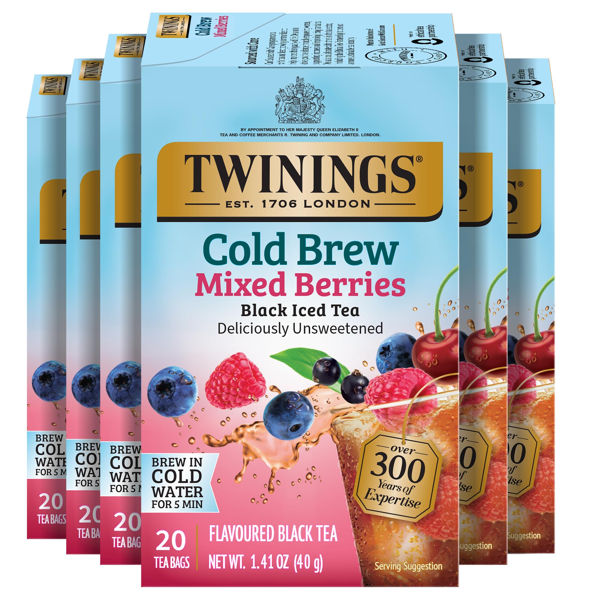 Twinings front box showing mixed berries flavor and 20 count, convenient supply