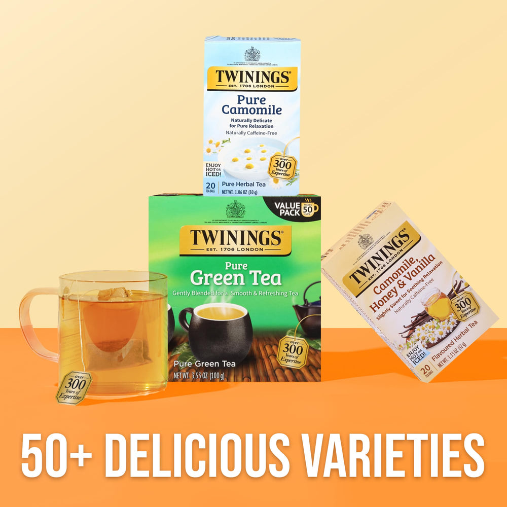 Twinings six-pack boxes stacked to show quantity and pantry-ready storage