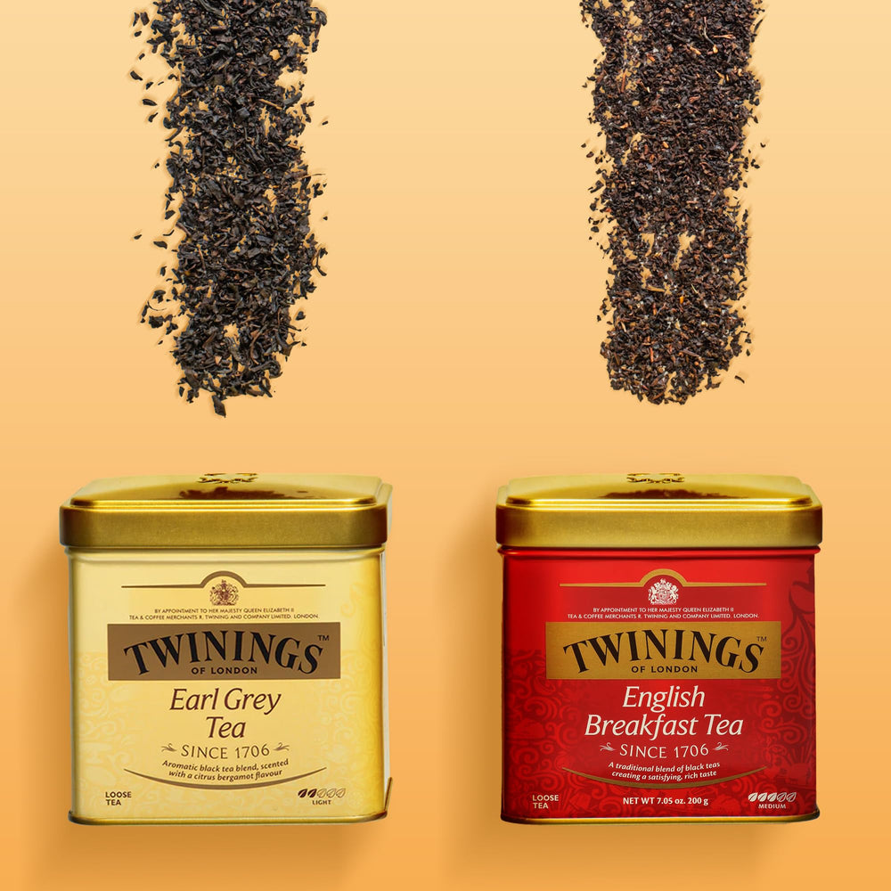 Twinings six tins stacked illustrating value and storage