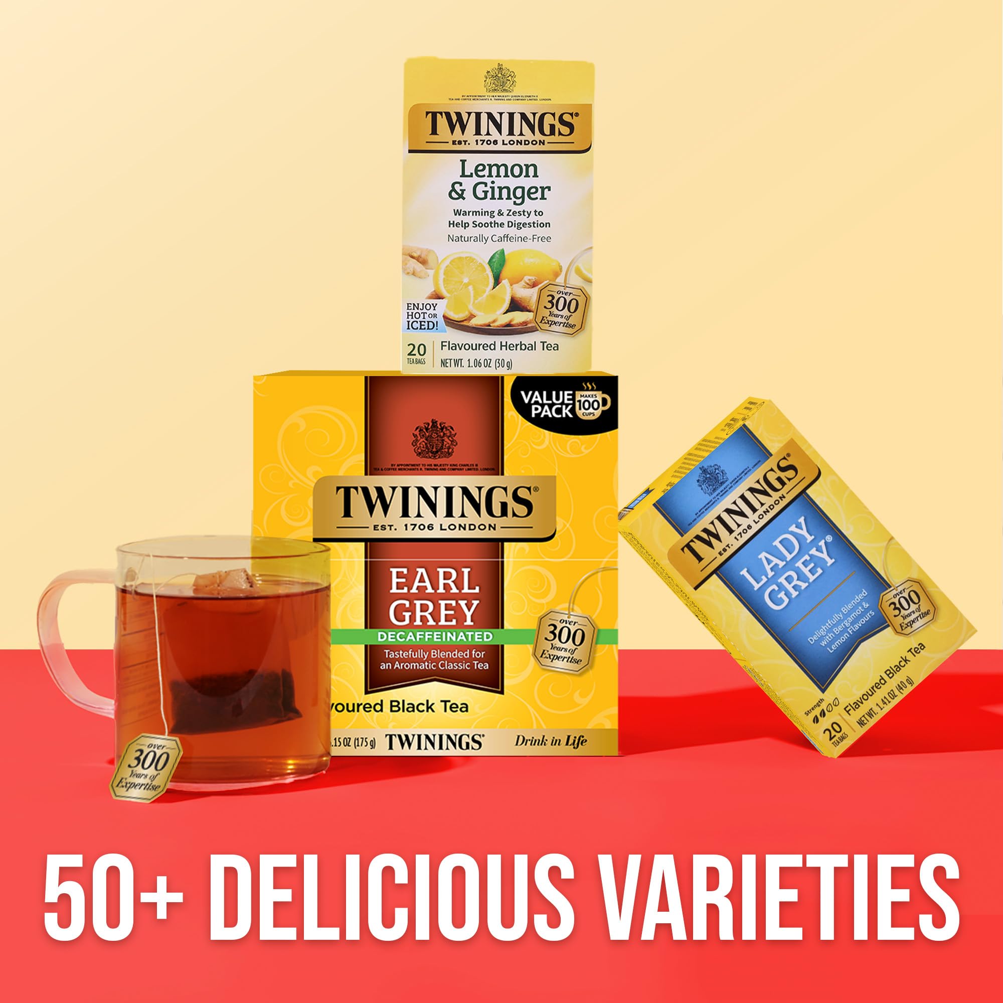 Twinings packaging label detail highlighting decaffeinated and sourcing benefit