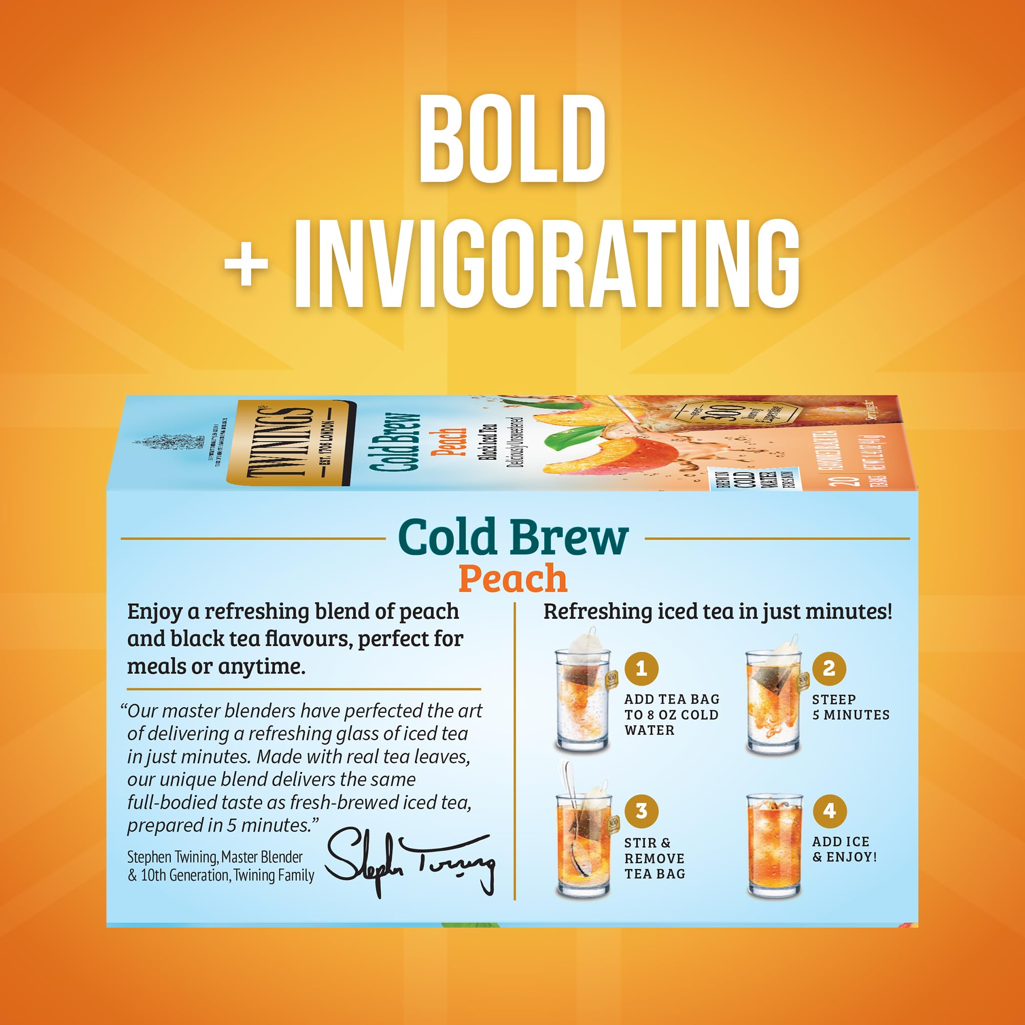 Pitcher of cold-brew Twinings peach iced tea served over ice, refreshing