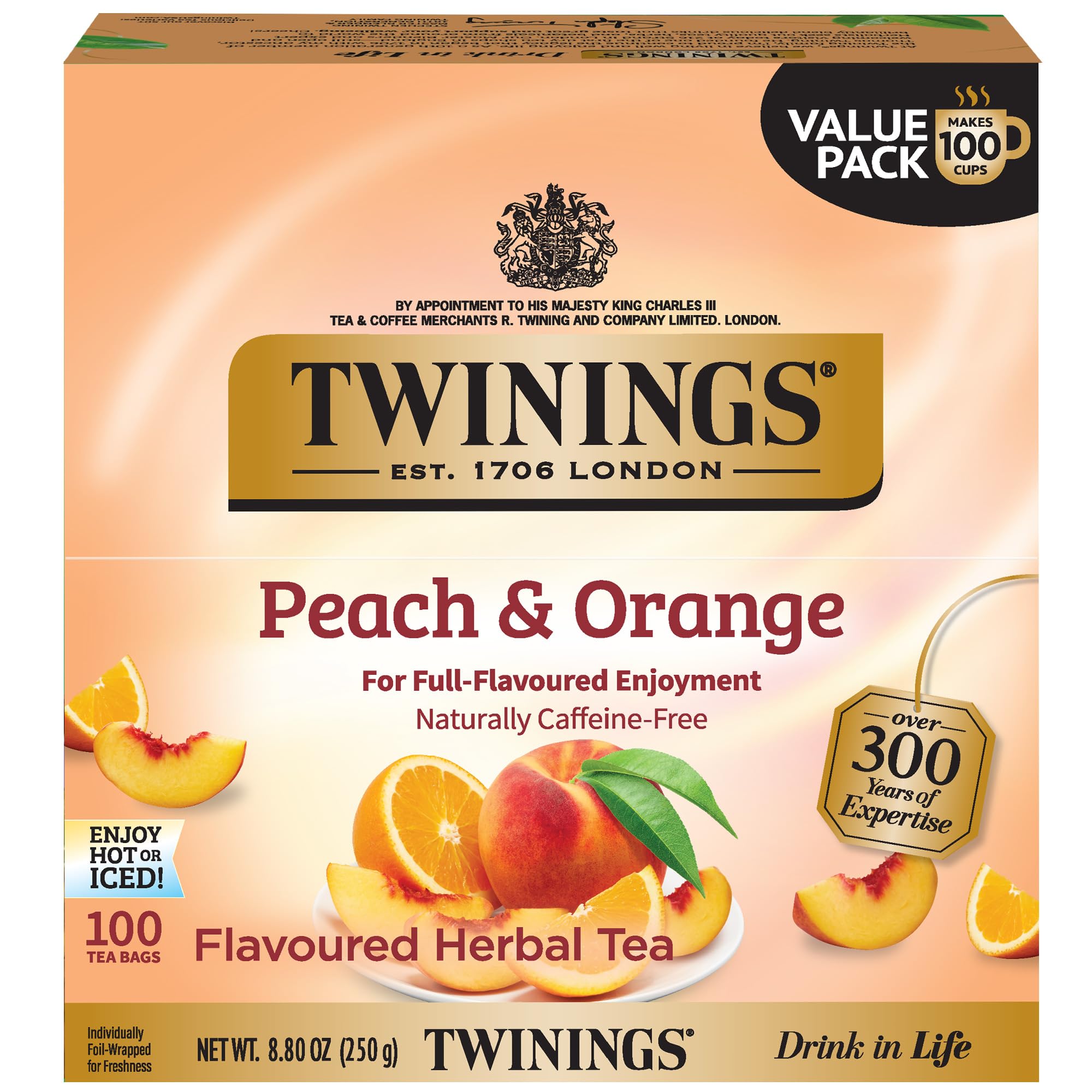 Twinings front packaging showing 100-count and fruity benefits