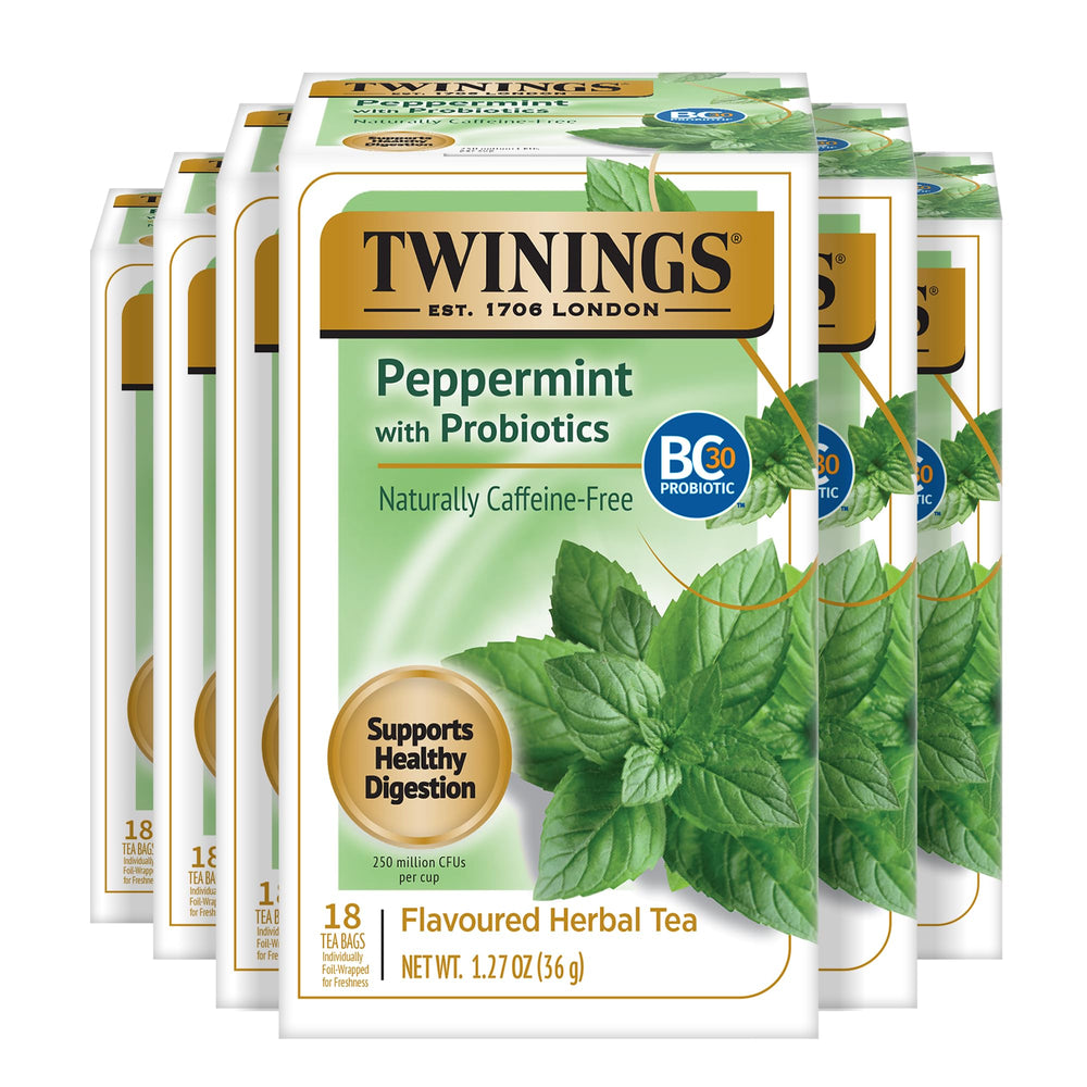 Twinings front packaging showing pack of 6 boxes and product benefits