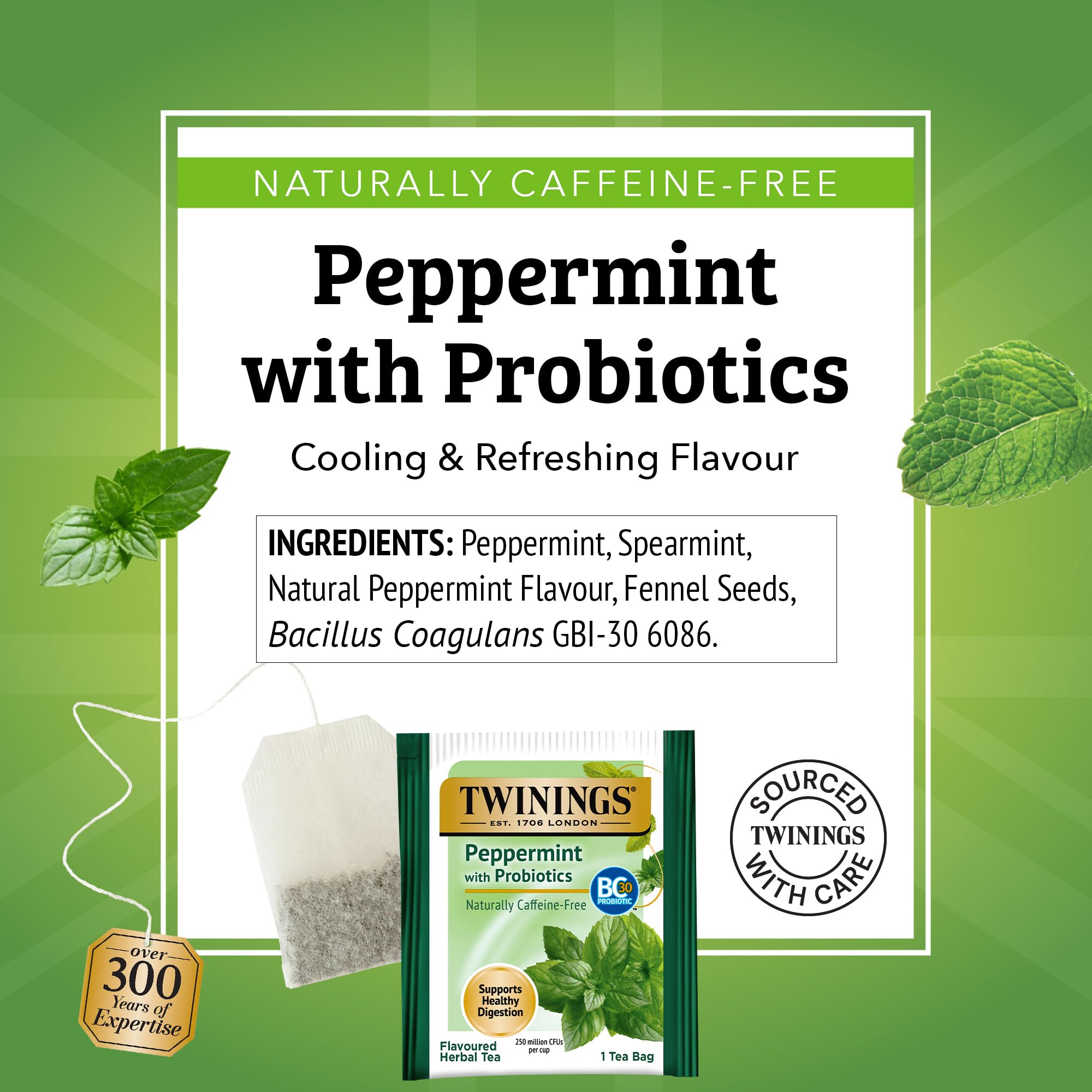 Twinings tall glass of iced peppermint tea with ice, brand delivers refreshing chill