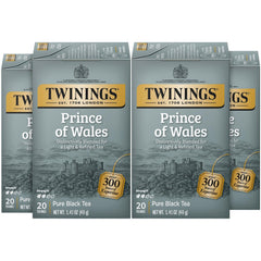 Twinings box front showing Prince of Wales branding and serving suggestion benefits