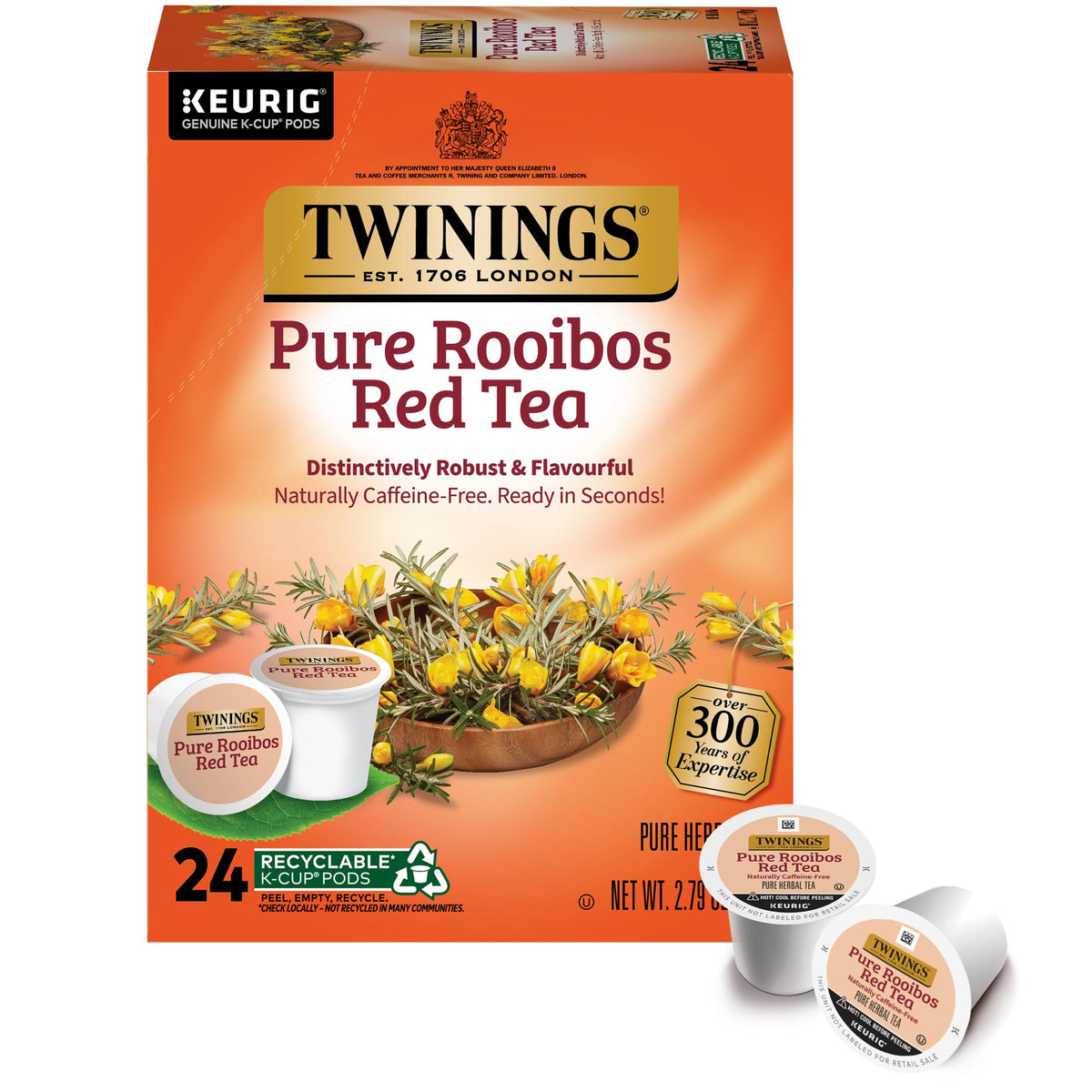Twinings front packaging of Pure Rooibos K-Cup pods showing 24-count and benefits