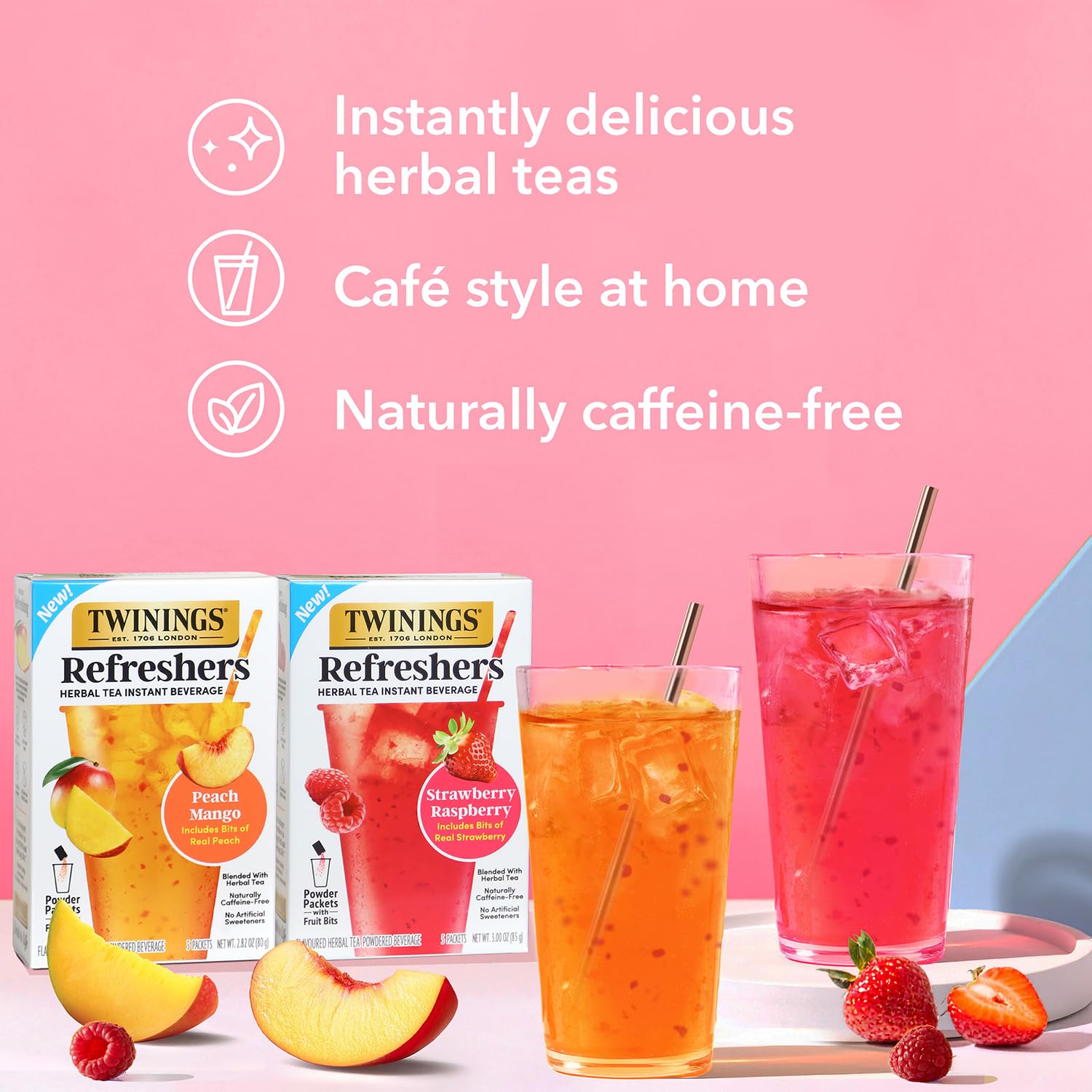 Twinings Refreshers served outdoors in glasses, suggesting portable café-style enjoyment