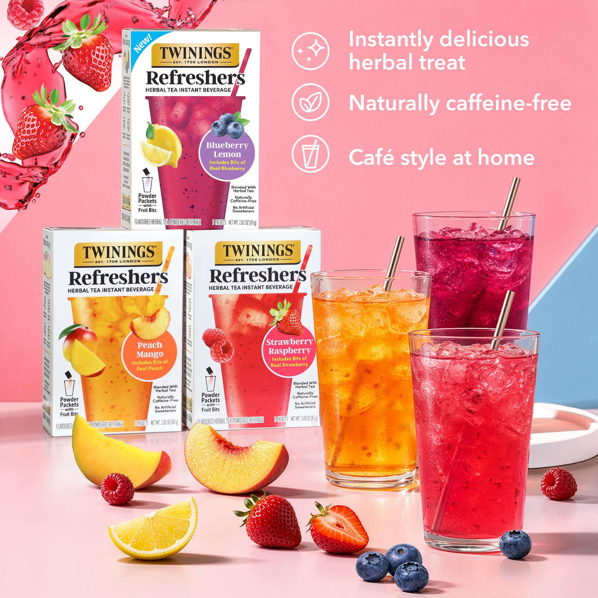 Twinings refresher on an outdoor table with berries showing entertaining convenience