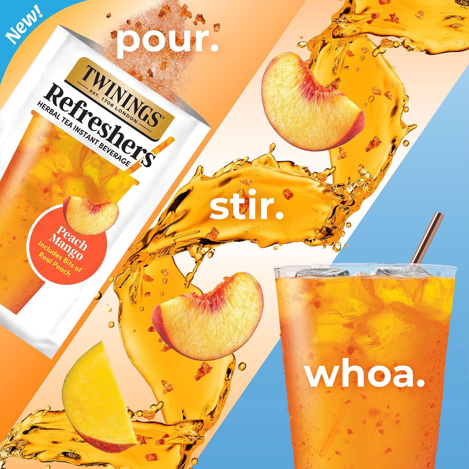 Twinings single packet dissolving next to a glass, illustrates easy pour-and-stir preparation