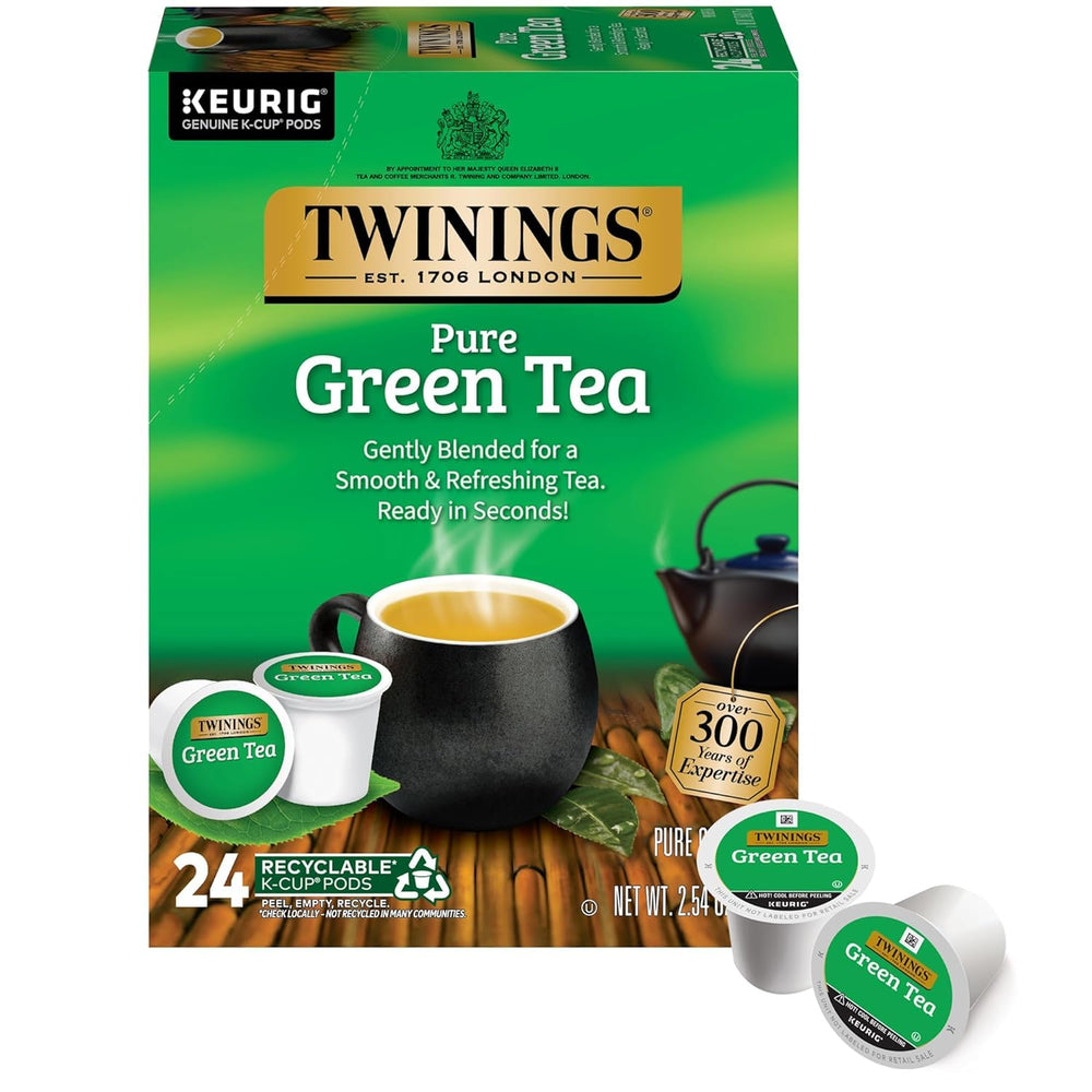 Twinings pod beside a measuring cup indicates single-serve portion control