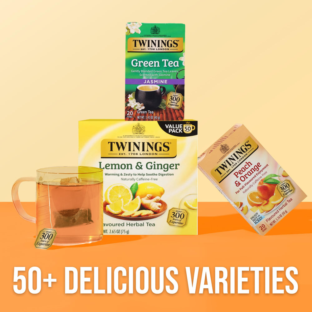Twinings pack beside a hand and mug to show scale and convenient 120-teabag supply