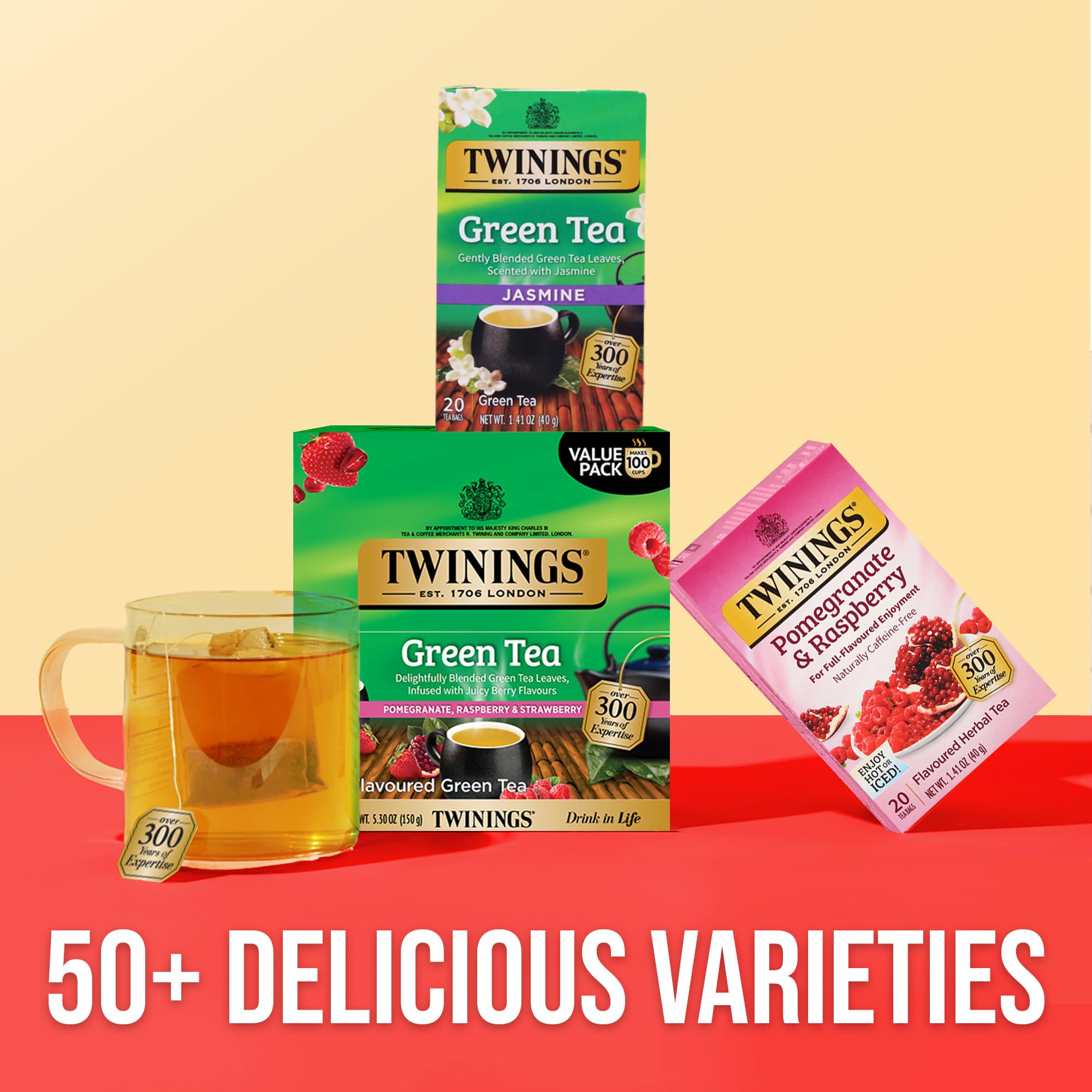 Twinings 100 count box beside mug showing pack size and value for daily use