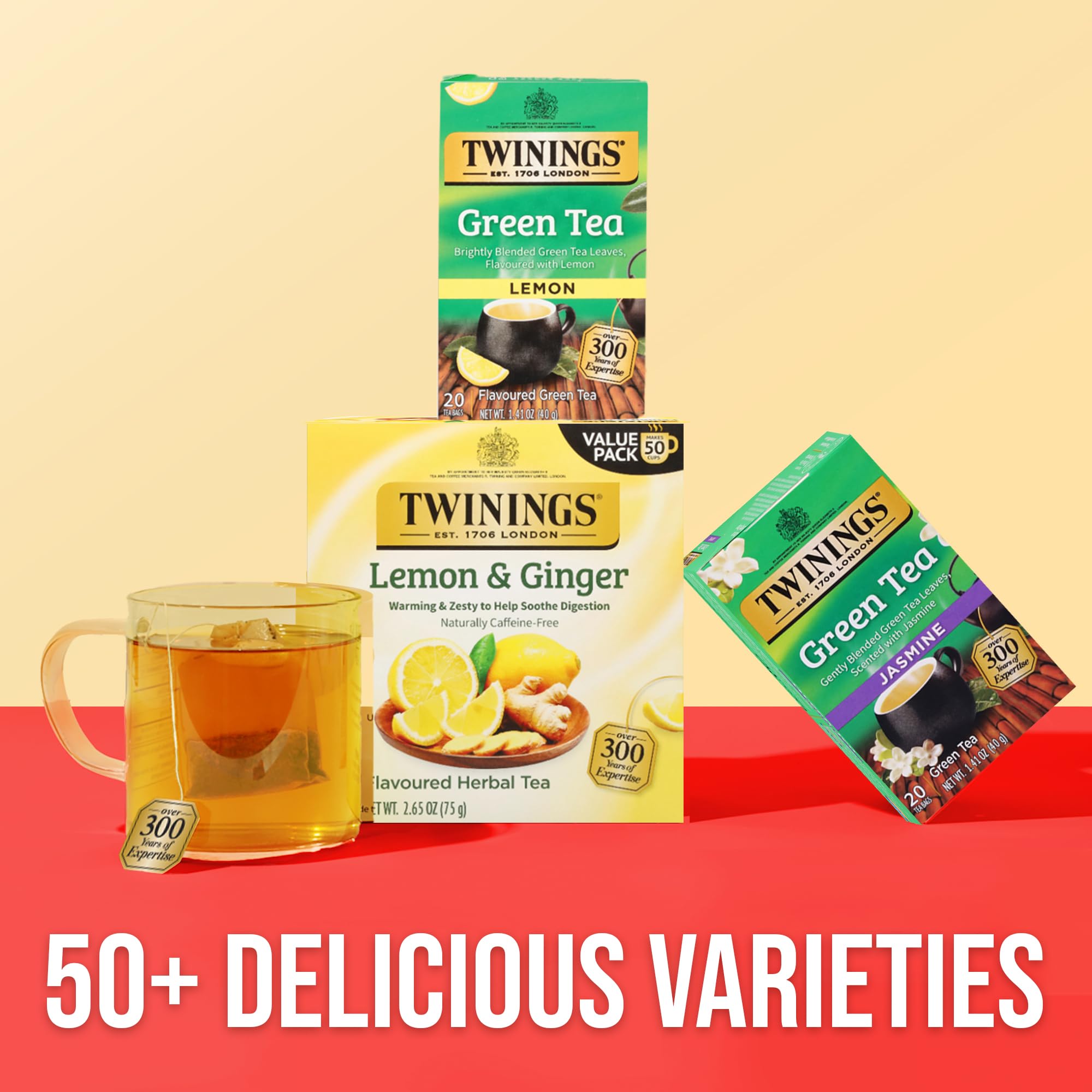 Six Twinings boxes stacked for scale, illustrating bulk convenience