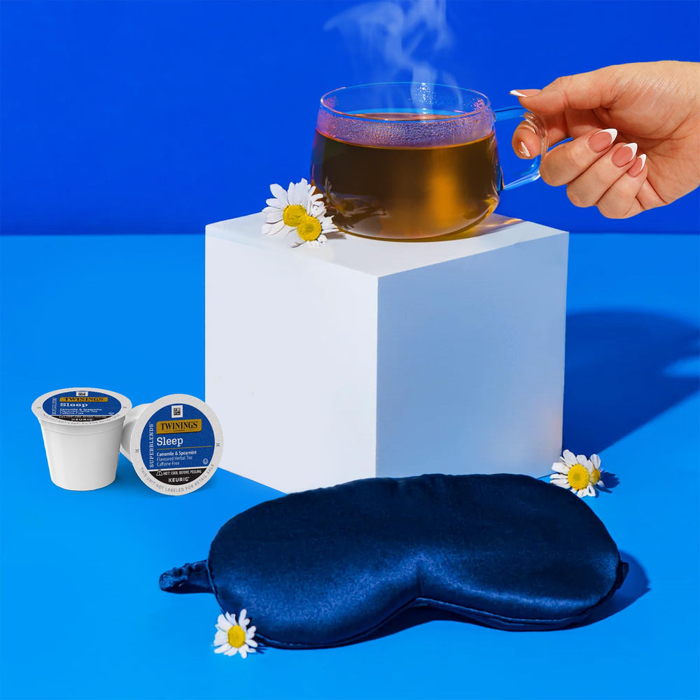Brewed cup of Twinings Sleep tea top view highlighting warm camomile aroma and soothing sip