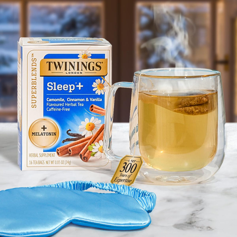 Twinings Sleep+ on a bedside table with soft lighting, creates a soothing ritual