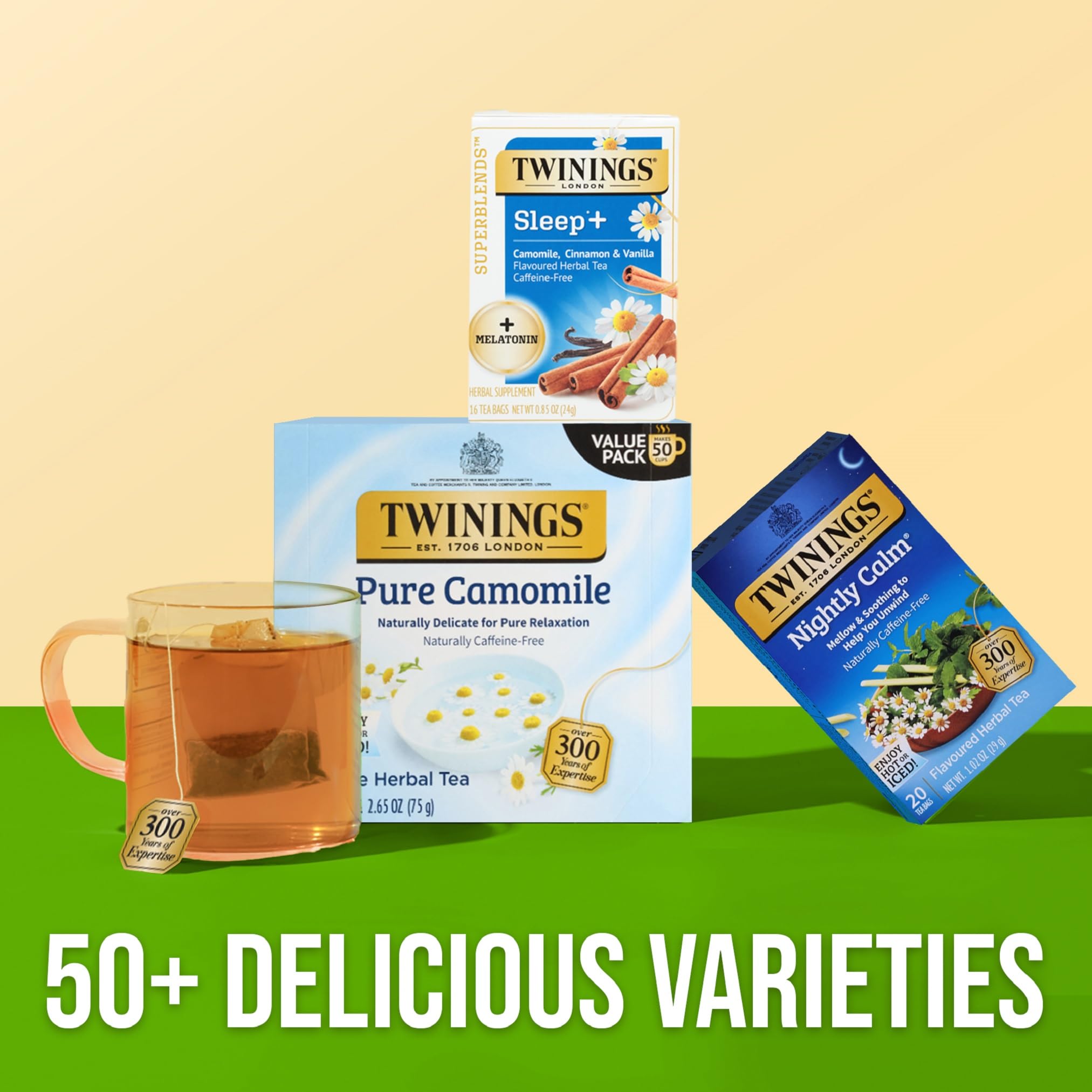 Twinings box beside a standard mug to show scale, indicates 96 total teabags