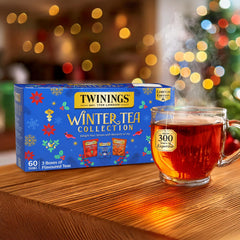 Steaming cup of Twinings winter tea showing warmth and comforting aroma