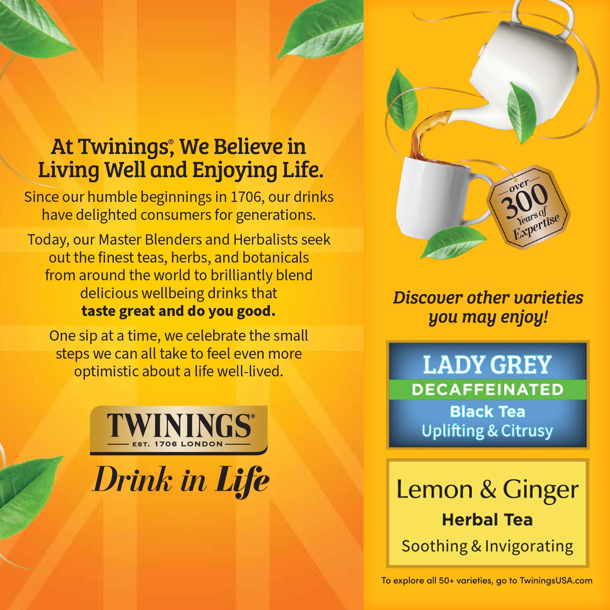 Twinings tea bag beside a ruler shows size and single-serve convenience benefit