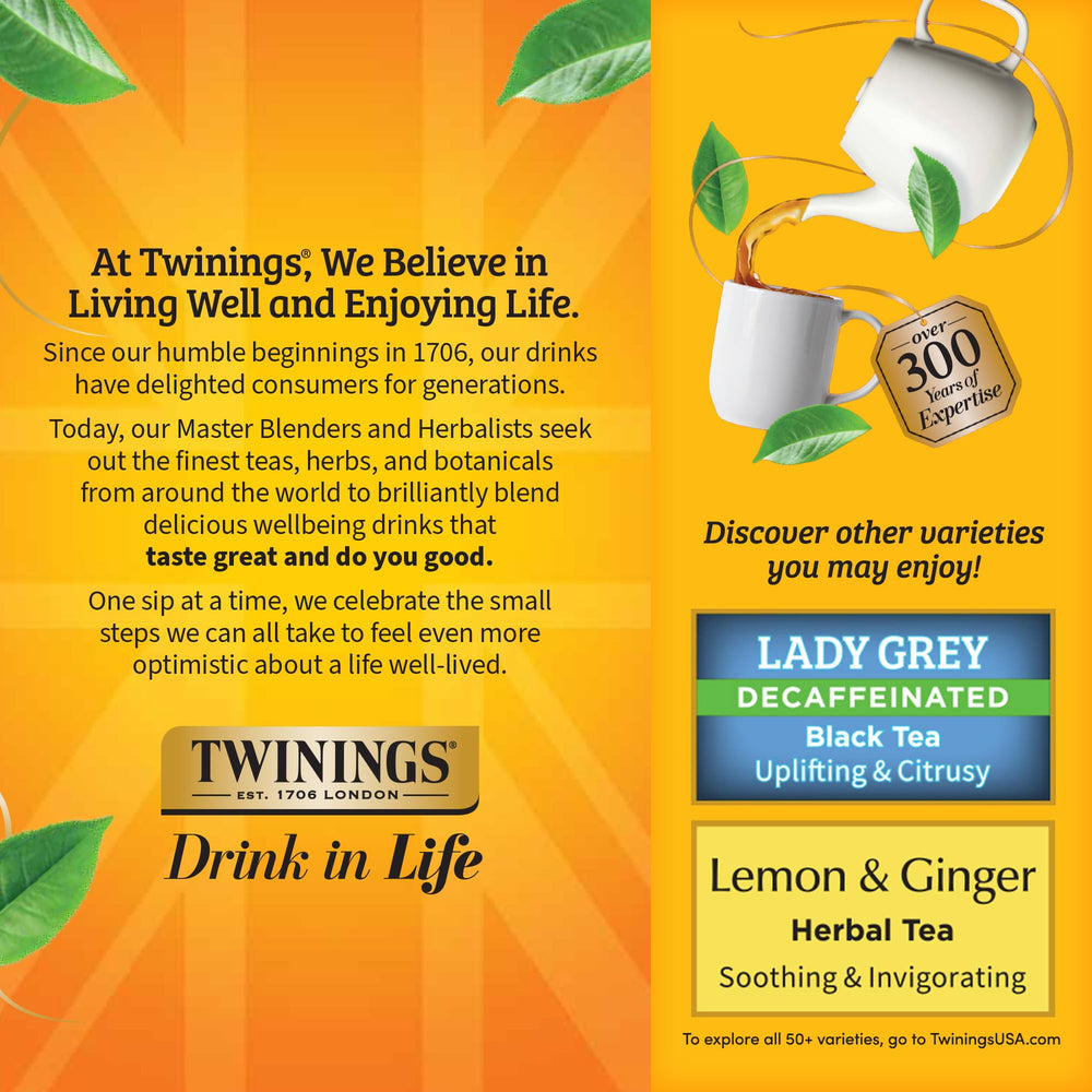 Twinings tea bag beside a ruler shows size and single-serve convenience benefit