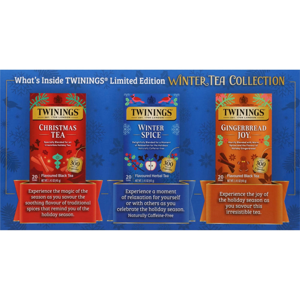 Three Twinings boxes lined up showing Christmas, Winter Spice, and Gingerbread Joy