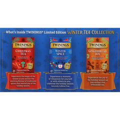 Three Twinings boxes lined up showing Christmas, Winter Spice, and Gingerbread Joy