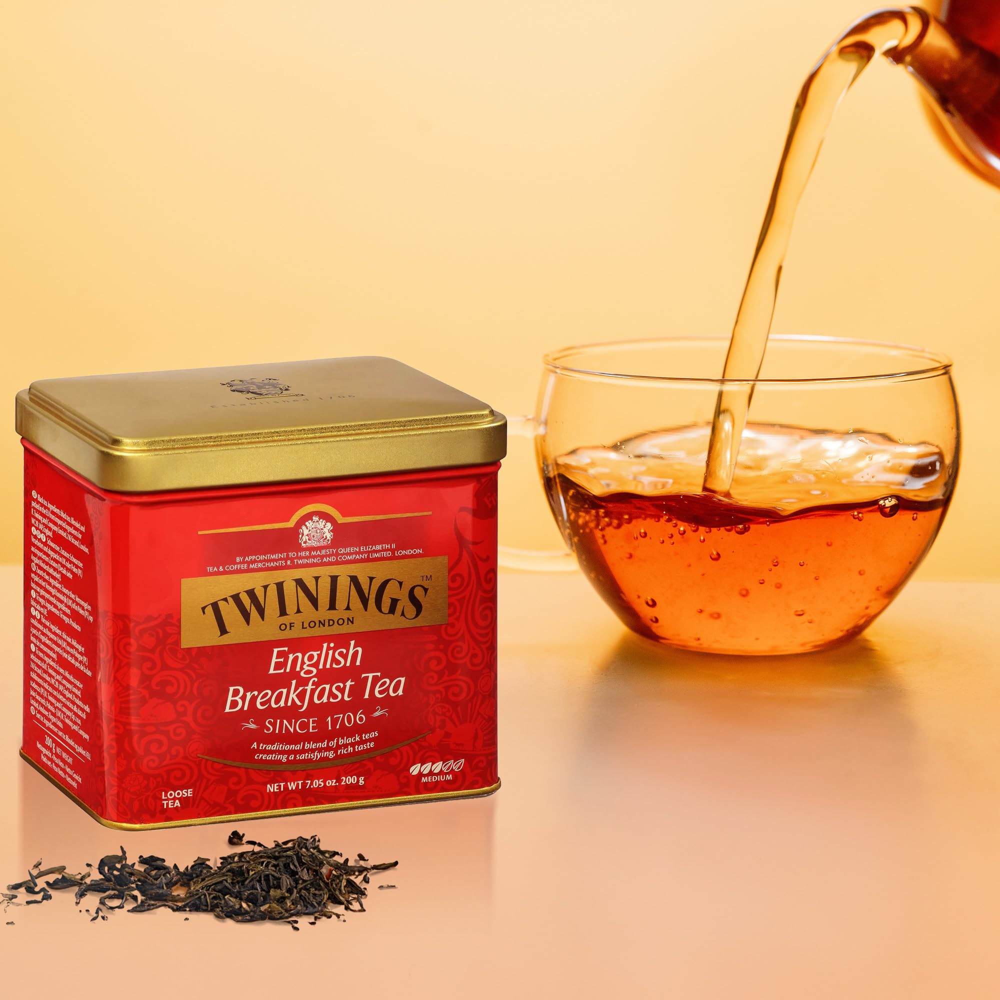 Twinings open tin with loose tea visible for easy scooping