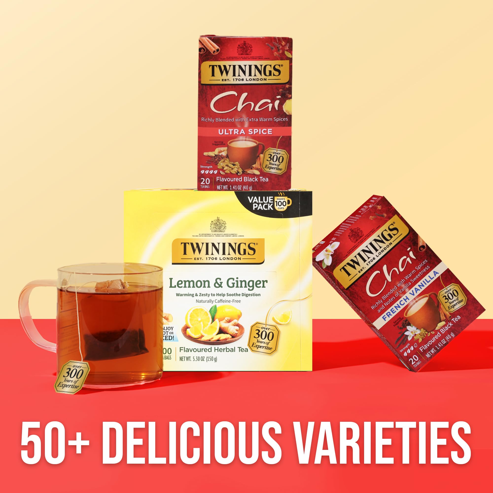 Twinings box next to a mug showing pack size and portion practicality