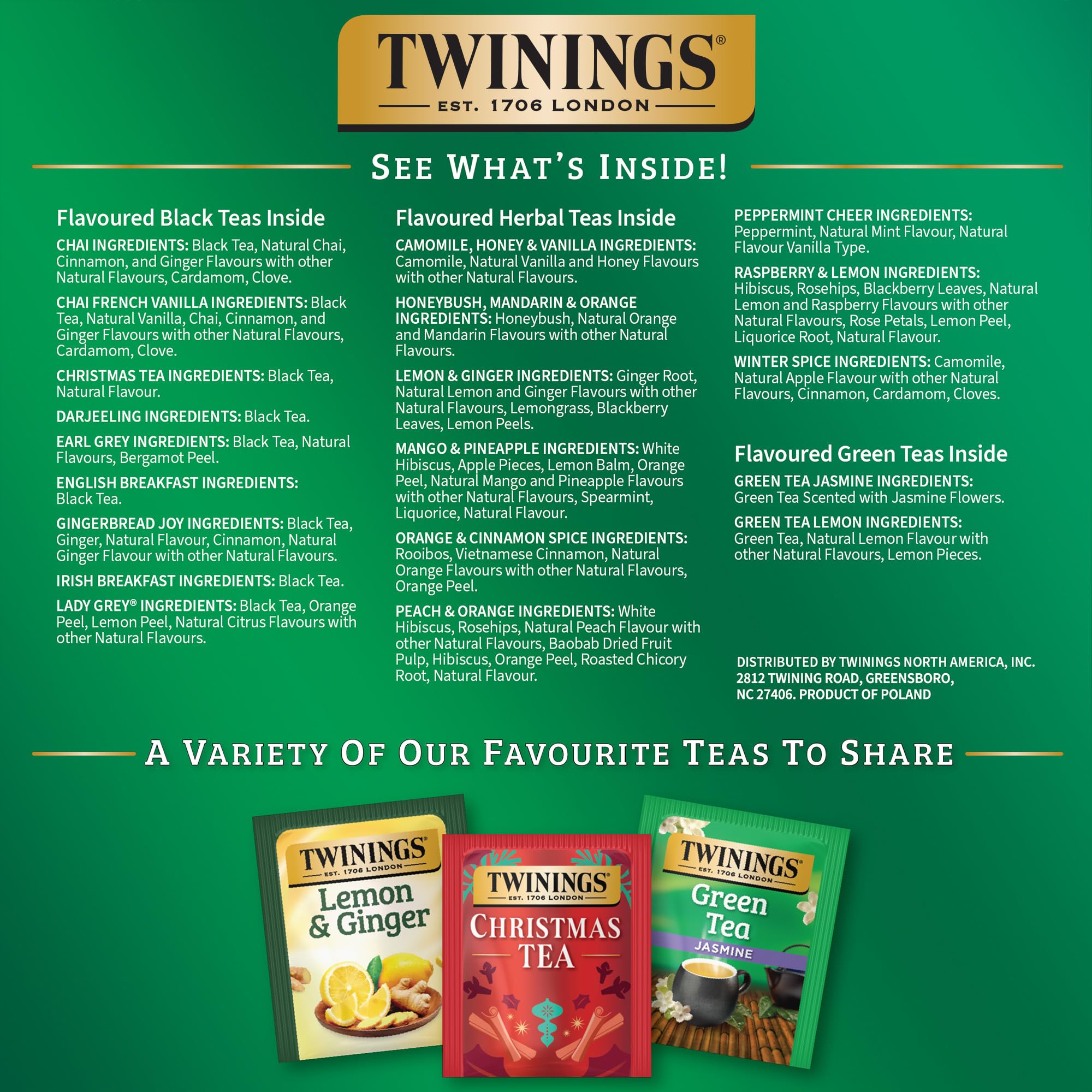 Overhead view of Twinings variety selection with black green and herbal teas for tasting variety