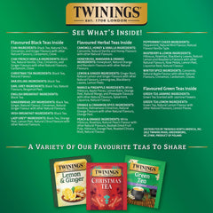 Overhead view of Twinings variety selection with black green and herbal teas for tasting variety