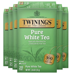 Twinings Pure White Tea box front showing brand and 20-count details for convenient freshness