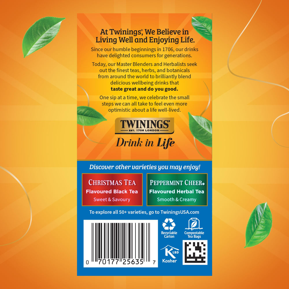 Six Twinings boxes and loose sealed sachets lined up to show package quantity