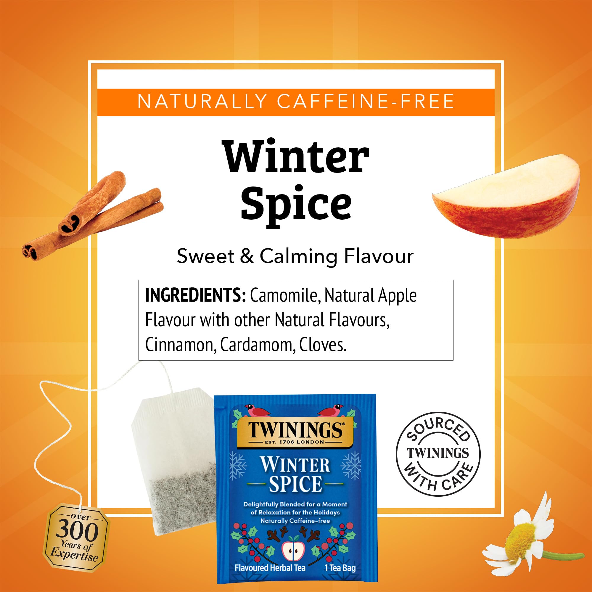 Steaming cup of Twinings Winter Spice infusion illustrating soothing, caffeine-free comfort