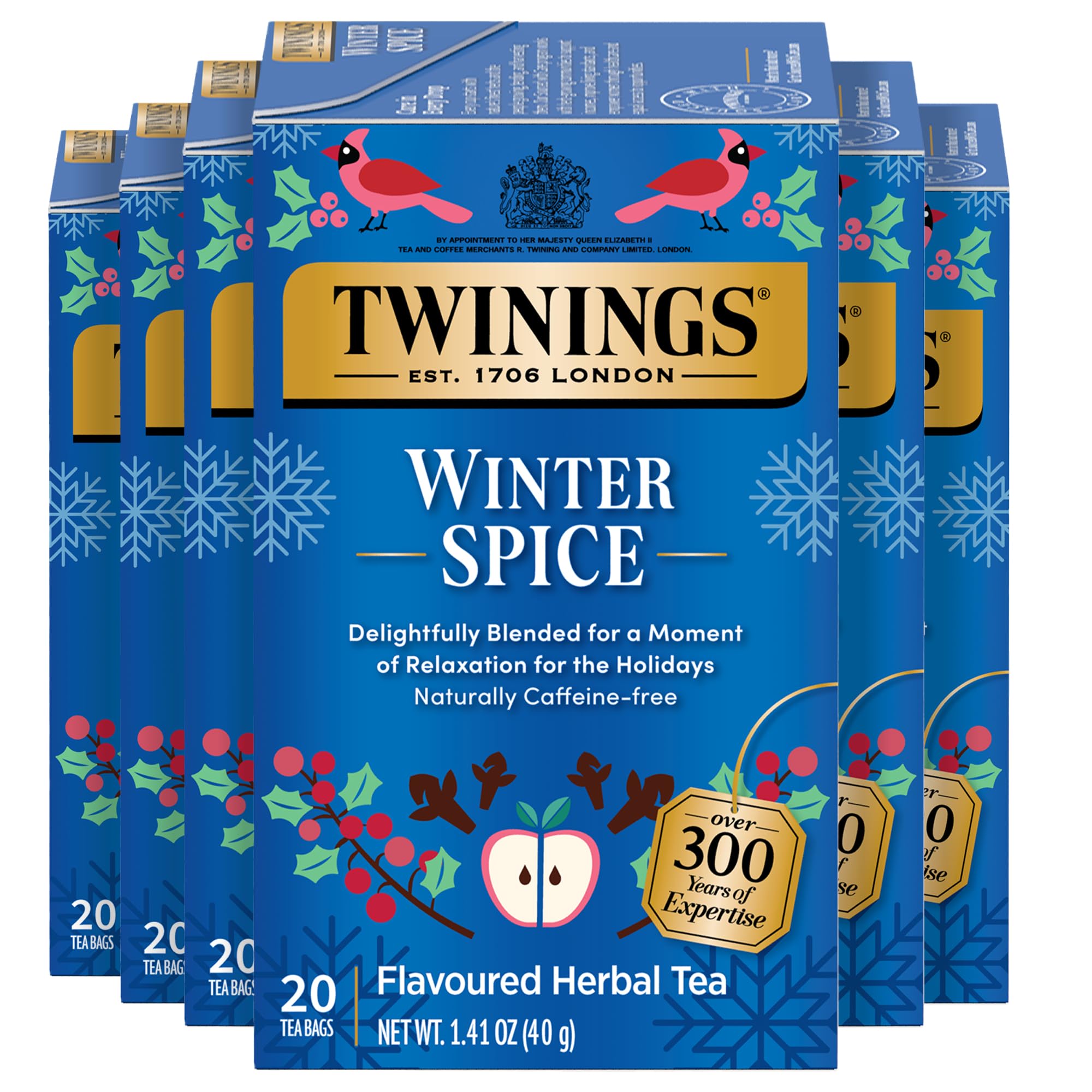 Twinings front packaging showing Winter Spice Camomile Apple and benefits of warmth