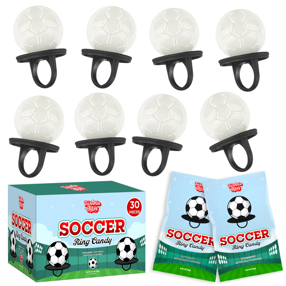Twinkle Bites front packaging showing 30-pack and soccer design, convenient party supply