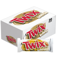 TWIX white chocolate front box showing 20-count packaging and convenience