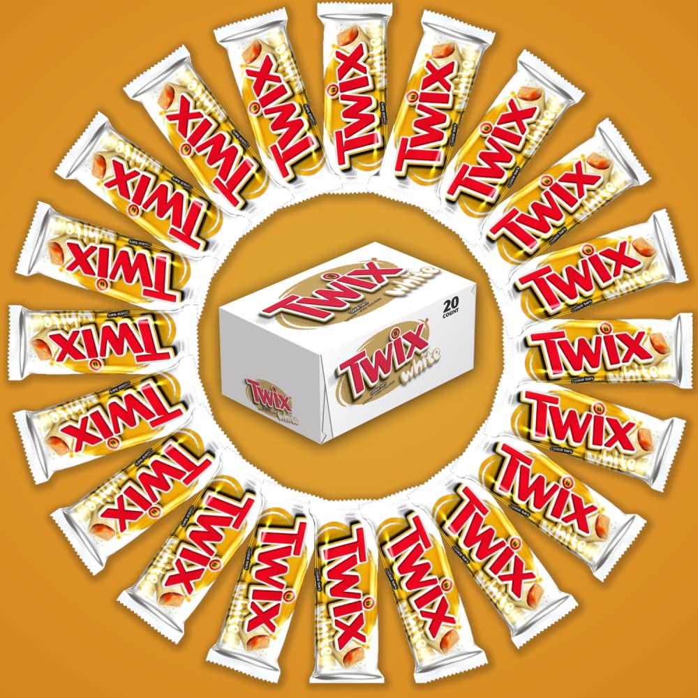 Pile of individually wrapped TWIX white chocolate singles ready to share