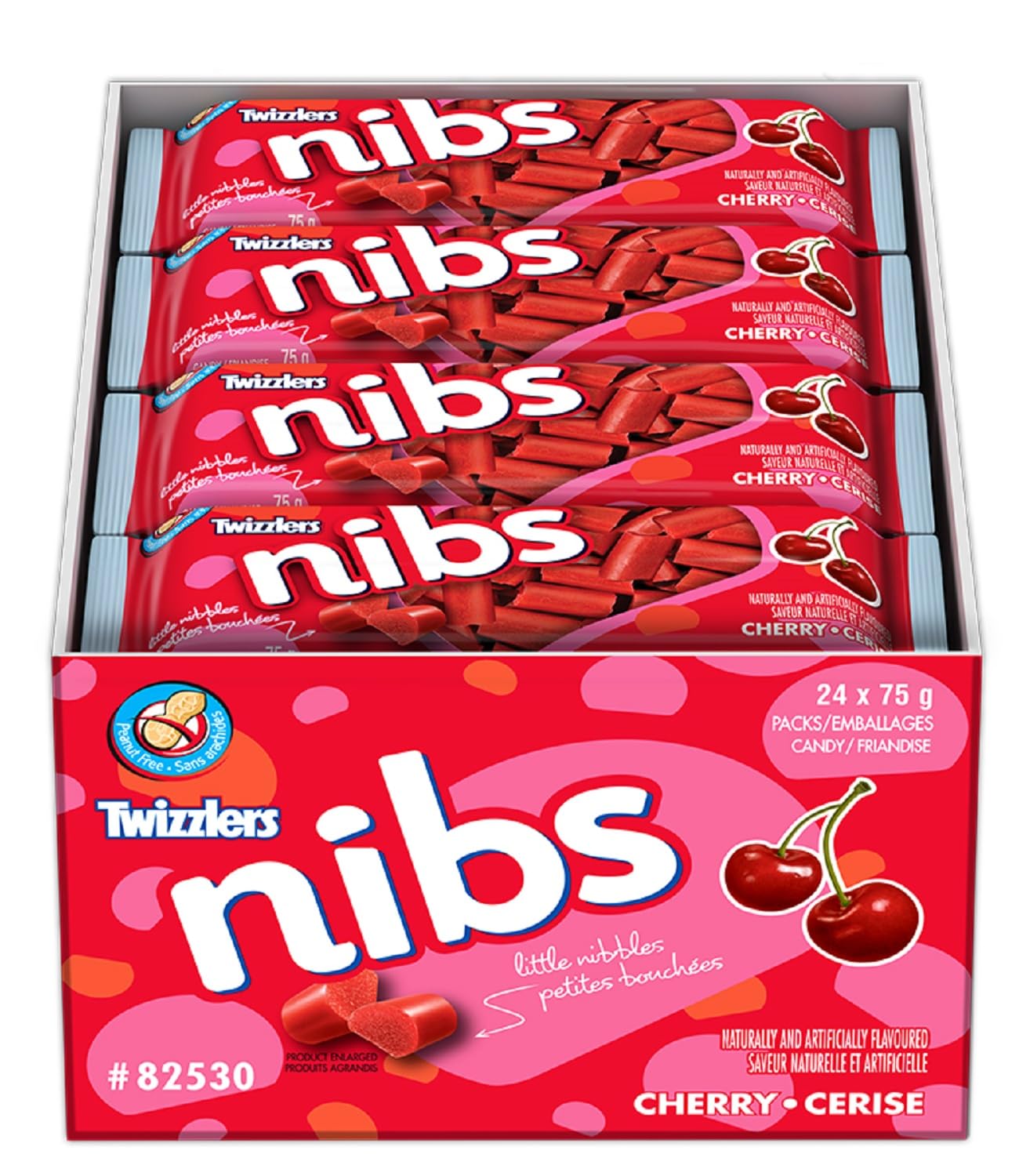 Twizzlers front packaging showing cherry nibs and 75 g bag, convenient portioning