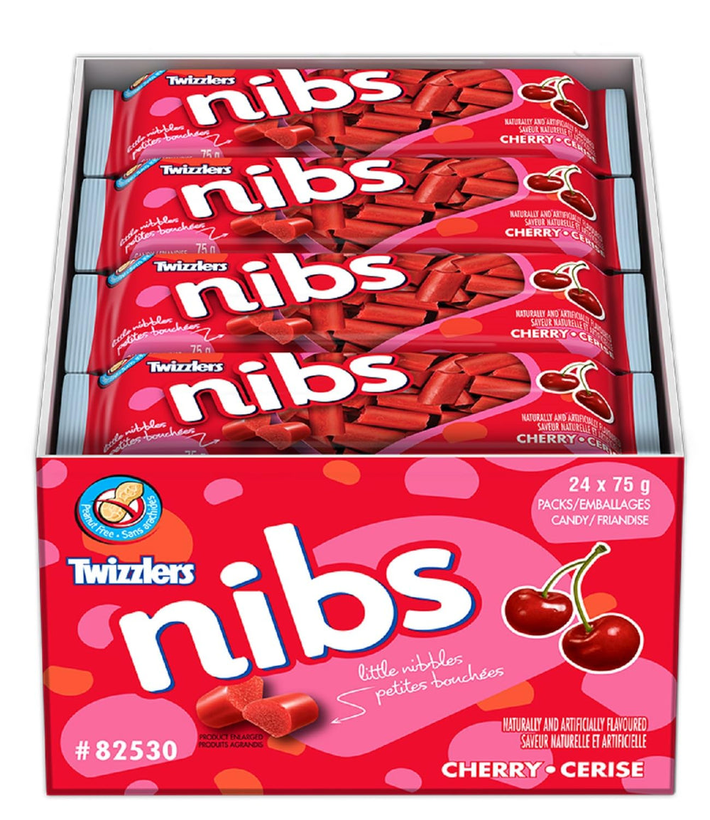 Twizzlers front packaging showing cherry nibs and 75 g bag, convenient portioning