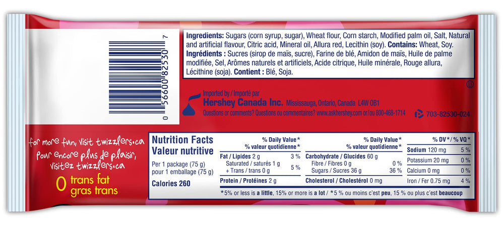 Hand holding a Twizzlers 75 g bag for scale, showing portable single-serve benefit