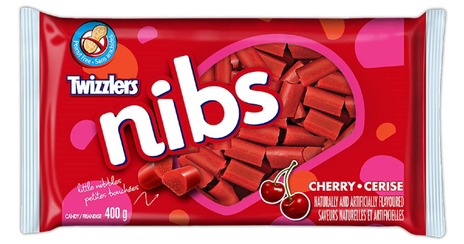 Twizzlers Nibs front packaging shows cherry pieces and sharing convenience