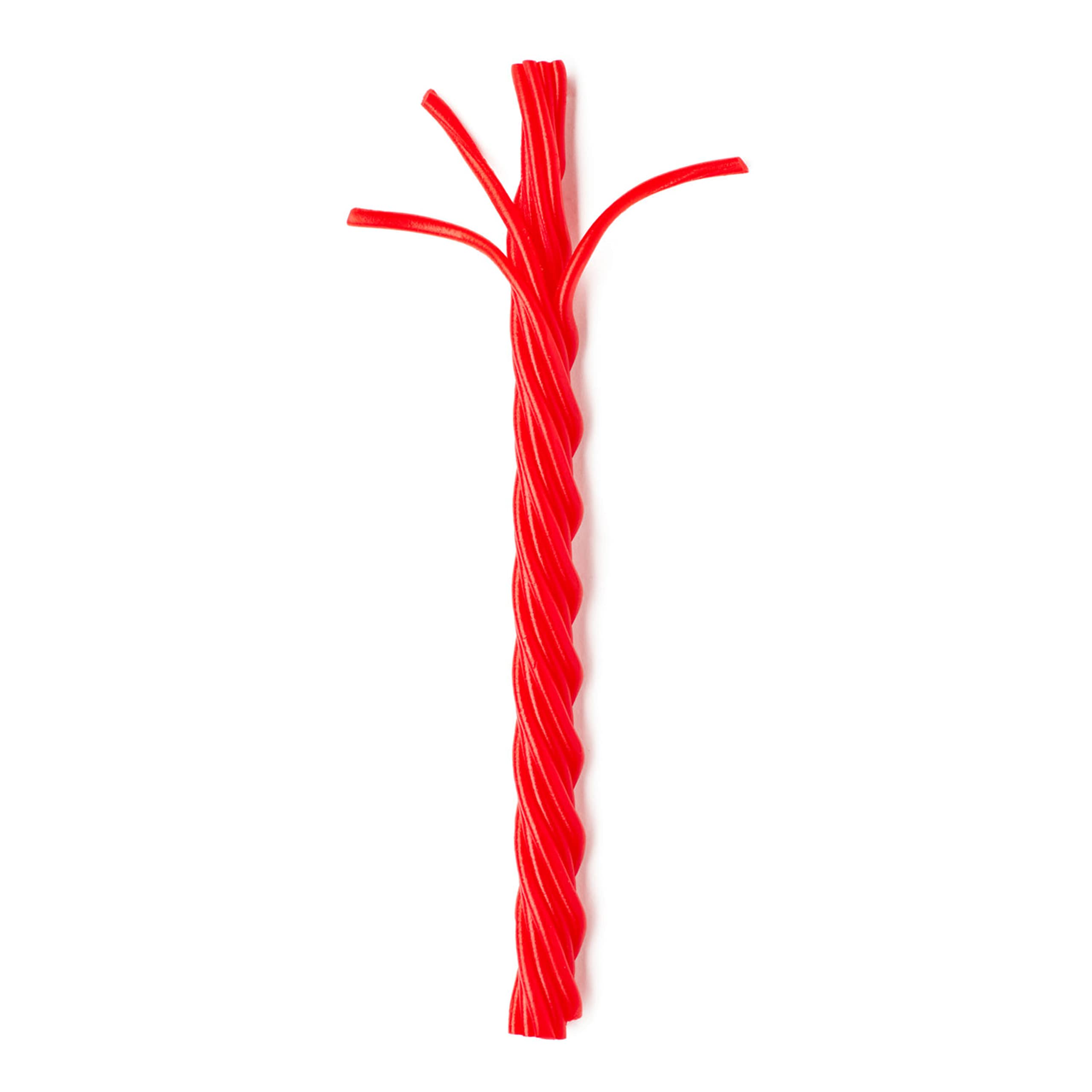 Twizzlers close-up texture of chewy strands, demonstrates pliable candy strands